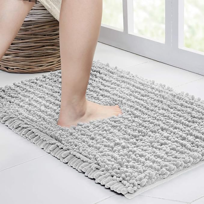 Walensee Bathroom Rug Non Slip Bath Mat (44x24 Inch Light Grey) Water Absorbent Super Soft Shaggy Chenille Machine Washable Dry Extra Thick Perfect Absorbant Best Large Plush Carpet for Shower Floor