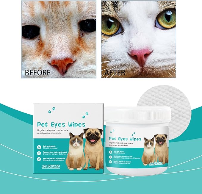 Pet Eye Wipes for Dogs & Cats, Tear Stain Remover for Dogs, Dog Ear Wipes, Cat Ear Cleaner, Non-Irritating, Remove Ear Wax and Dirt with Natural Ingredients - 60 Counts