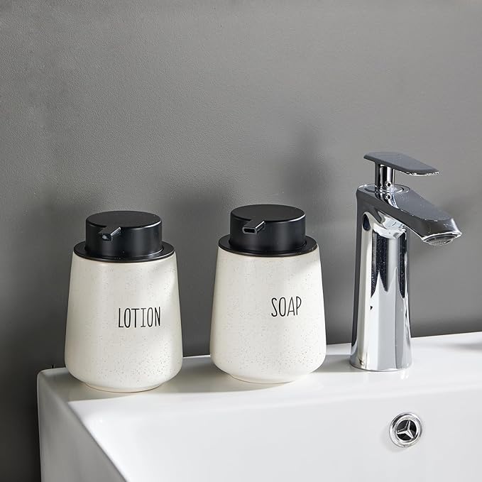 12Oz Beige Foaming Soap Dispenser Set - Ceramic Foam Hand Soap Dispenser Set with Easy-to-Press Pump, Refillable Liquid Dish Soap Dispensers for Bathroom and Kitchen, 2 Pack