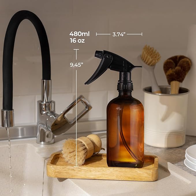 SOUL ONE 16 oz Refillable Amber Glass Spray Bottles with Adjustable Nozzles- 2 pack, Squirt Bottles for Cleaning Solutions, Essential Oils, Plants, Hair Misting - Ideal for Hydrogen Peroxide Storage