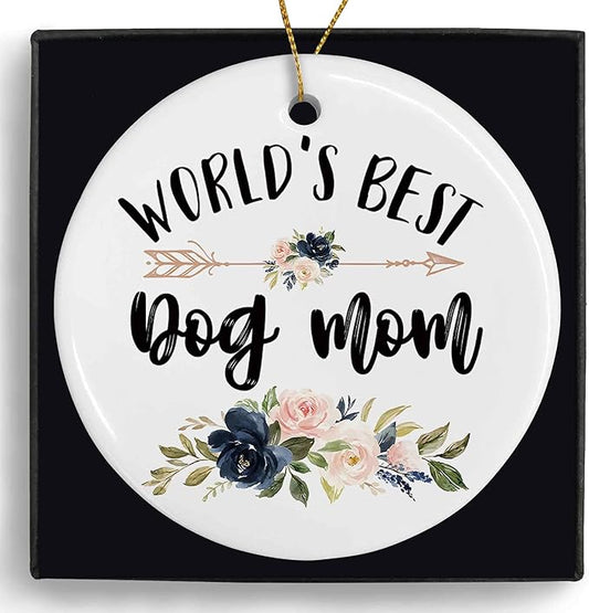 World's Best Dog Mom Ceramic Ornaments Gifts, Dog Mother Round Hanging Ornament Decor Decorations for Christmas Tree Car, Thank You Appreciation Gifts for Dog Lovers Women Birthday Holiday