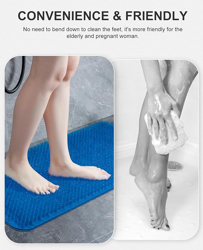 OTHWAY Non Slip Grassy Bathtub Mat : 25.6X13.4 inches Sturdy But Soft Bath Mat_Quick Drain Shower Floor Mat with Soft Bristles for Scrubbing Feet (Dark Blue)