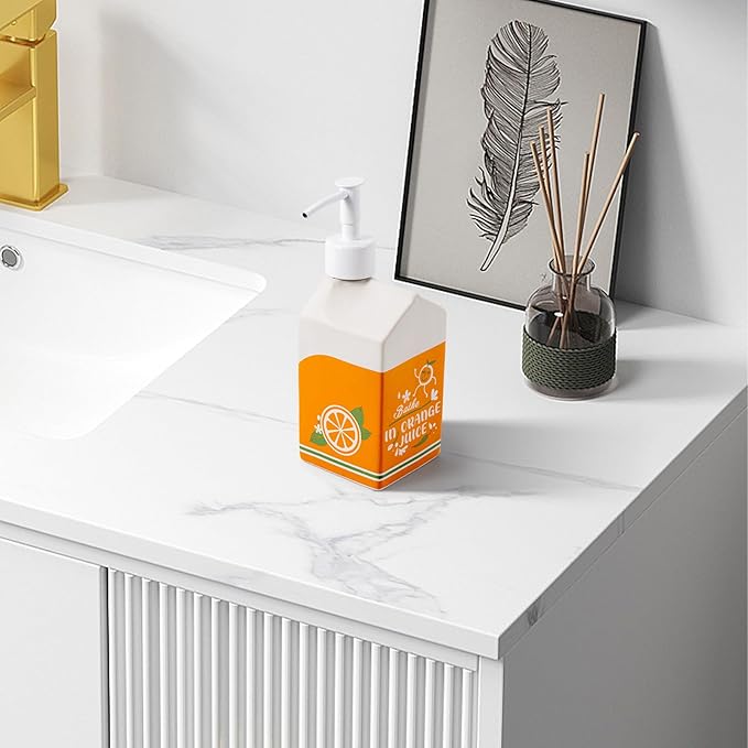 Ceramic Orange Juice Bottle Soap Dispenser, Refillable Lotion Pump Bottle for Bathroom Kitchen Dish Soap