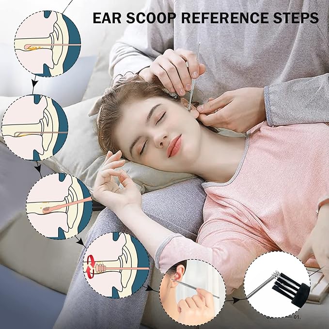 Hion 8 Pcs Ear Wax Removal Kit,Professional Double-Headed Ear Pick Earwax Removal Tools,316L Stainless Steel Ear Cleaner Curette with Cleaning Brush and Storage Box,Suit for Kid Adult(Silver)