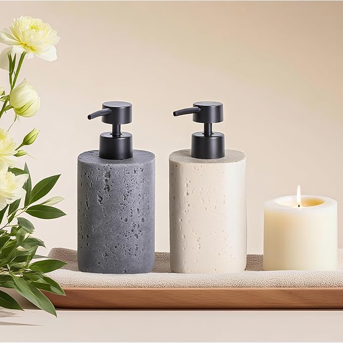 2 Pack Beige Resin Soap Dispensers, Refillable Liquid Lotion Dispenser Bottles with Travertine-Look for Bathroom and Kitchen Countertop, Modern Stone Texture (10.8 oz)
