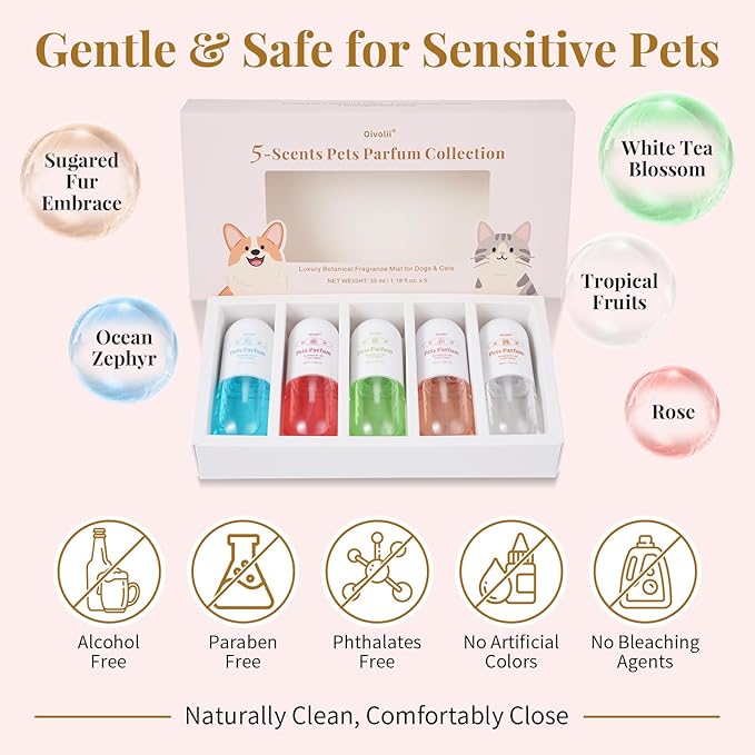 Dog Cologne & Pet Perfume Gift Set – 5 Long Lasting Scents for Dogs & Cats – Natural, Alcohol-Free Pet Fragrance – Safe Deodorizing Grooming Mist for Puppies & Kittens