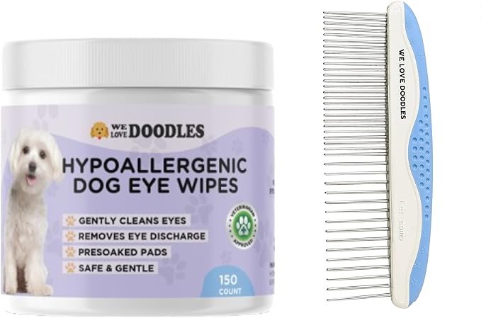 We Love Doodles Dog Eye Wipes & Metal Dog Comb Bundle - Pre-Soaked Eye Wipes for Dogs, Tear Stain Remover for Dogs, Pet Eye Wipes, Dog Eye Cleaner, Dematting Comb for Dogs, Dematting Comb for Dogs