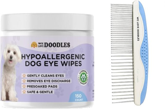 We Love Doodles Dog Eye Wipes & Metal Dog Comb Bundle - Pre-Soaked Eye Wipes for Dogs, Tear Stain Remover for Dogs, Pet Eye Wipes, Dog Eye Cleaner, Dematting Comb for Dogs, Dematting Comb for Dogs
