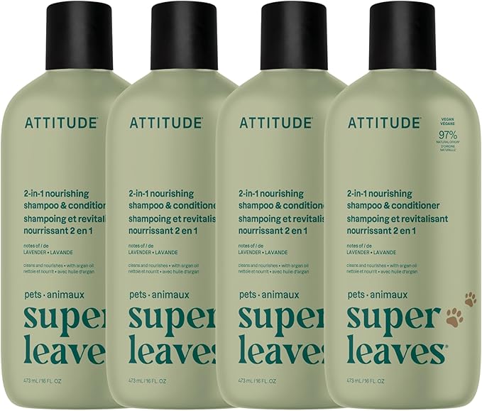 ATTITUDE Natural 2 in 1 Nourishing Shampoo & Conditioner for Cat & Dog, Vegan and Cruelty-Free, Lavender & Argan Oil, 16 Fl Oz (Pack of 4)