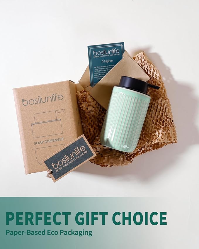 BosilunLife Dish Hand Soap Dispenser - Liquid Pump Soap Dispenser for Bathroom Deco Light Green 12oz Ceramic Kitchen Dish Dispenser with Rust-Proof Liquid Pump Modern Refillable Lotion Bottles