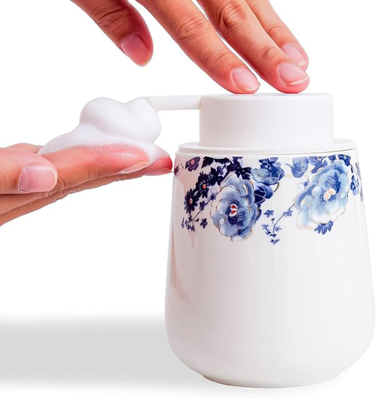 Soap Dispenser, Ceramic Foaming Soap Dispenser with Easy-to-Press Pump for Bathroom 10.8 oz refillable Liquid Hand soap Dispenser for Hand sanitizers, lotions (Blue Flower Foam Dispenser)