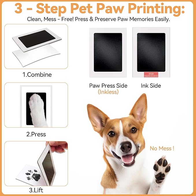 Paw Print Kit for Dogs & Cats, Pet Paw Impression Gift Set with 2 Inkless Pads and Reversible Stand/Wall-Mount Frame (White)