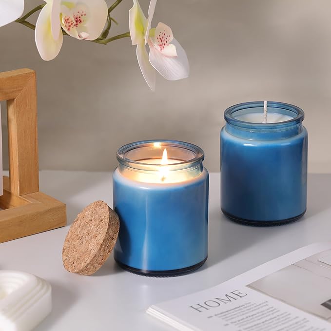 12Pcs Blue Candle Jars for Making Candles, 7.5oz Glass Jars with Wooden Lids and Labels, Candle Containers for DIY, Gifts, Candle Making Supplies, Table Decor