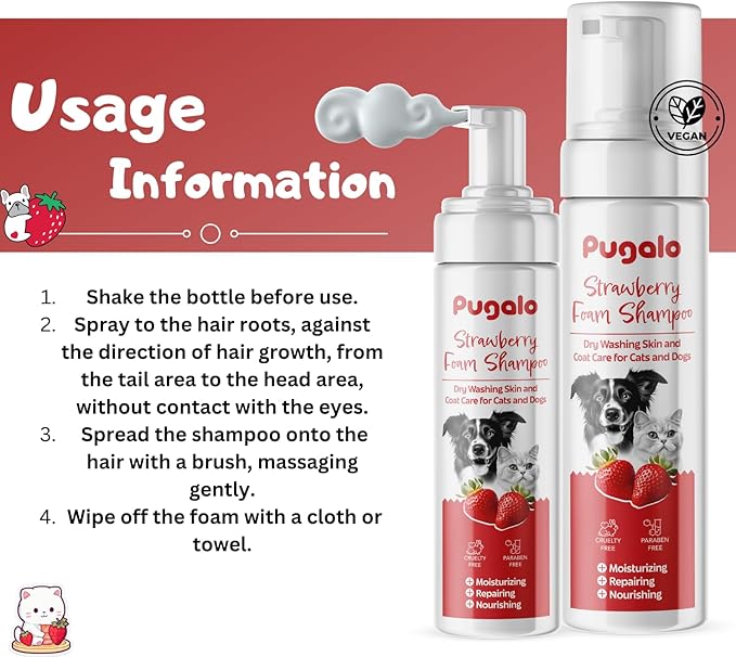 Waterless Cat & Dog Shampoo – 200ml (6.76oz) Strawberry Scented Dry Foam Cleanser & Conditioner – No-Rinse Deshedding Shampoo for Smelly Pets