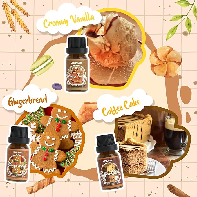 Bakery Fragrance Oils Set, ARVIDSSON Bakery Dessert Essential Oils for Candle Making, Pumpkin Pie, Snickerdoodle, Gingerbread, Creamy Vanilla and More, Cozy Fall Essential Oils for Diffuser