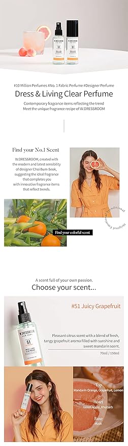 W.Dressroom No.51 Juicy Grapefruit Living Clear Perfume, Fabric & Room Spray, Water-Based Fresh Mist, Travel Size 2.36 oz