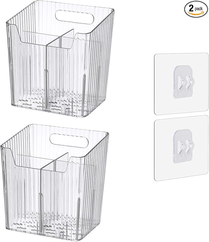 Set Of 2 Storage Organizer Bins Wall Mounted Shower Caddy, Bathroom shelves Stackable Clear Plastic Toothbrush Holder Adhesive Hanging Bin for Bathroom, Kitchen, Cabinet, Shower BPA Free Small (Clear)