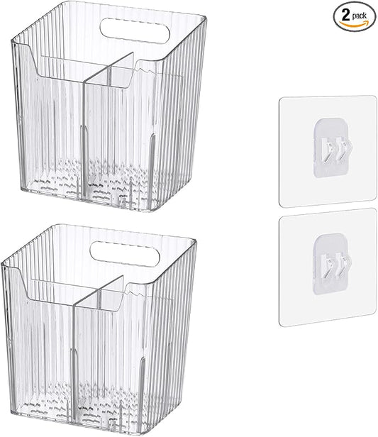 Set Of 2 Storage Organizer Bins Wall Mounted Shower Caddy, Bathroom shelves Stackable Clear Plastic Toothbrush Holder Adhesive Hanging Bin for Bathroom, Kitchen, Cabinet, Shower BPA Free Small (Clear)