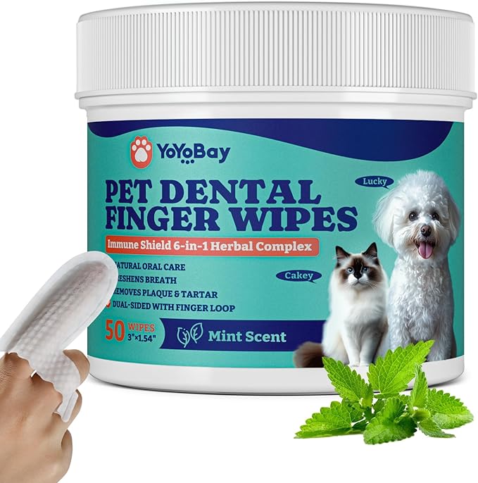 Dog Teeth Cleaning Wipes, Pet Finger Dental Wipes for Dogs & Cats, Dual-Sided, 6-in-1 Herbal Formula, Remove Plaque & Tartar, Freshen Breath, No-Rinse Toothbrushing Wipes - 50 PCS, Mint Flavor