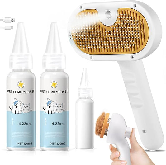 Cat Steam Brush, Pet Steam Brush for Cat & Dog, Mist Spray Comb, Spritz Defur Tool, Water Grooming Kit, Dog Hair Removal Steam Cleaner with Release Button-Contains 2*shampoo
