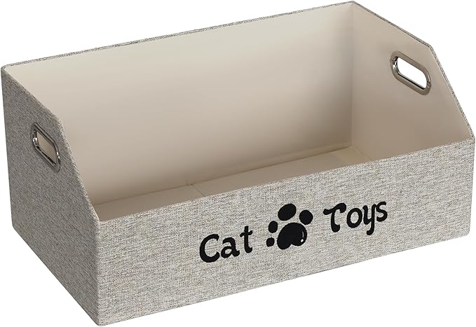 Cat Toy Basket, Kitten Toys Storage Organizer Foldable Fabric Bin Pet Supplies Chest Holder Trapezoid Container with Metal Handles for Organizing Cats Clothes Accessories, Beige