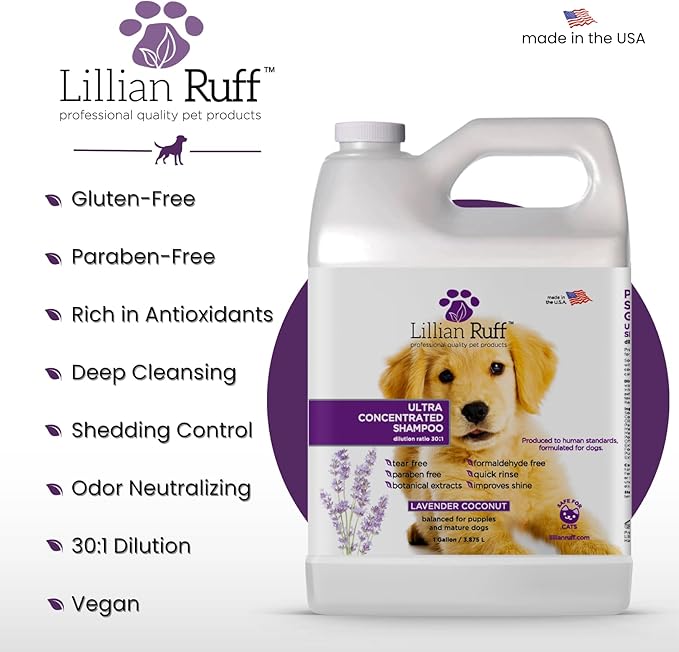 Lillian Ruff PRO Formula Ultra Concentrated Dog Shampoo – Makes 4 Gallons/30 Bottles, 30:1 Dilution, Professional Pet Shampoo for Sensitive Skin | Deodorizing & pH-Balanced Made in USA - Gallon