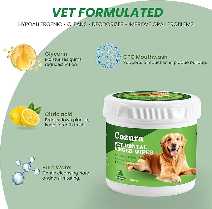 Teeth Cleaning Wipes for Dogs & Cats –Dog Dental Care Finger Wipes, Dog Finger Toothbrush Wipes Helps Remove Tartar & Plaque, Fresh Breath, Rinse Formula for Dogs & Cats Teeth Cleaning Kit-60 Count