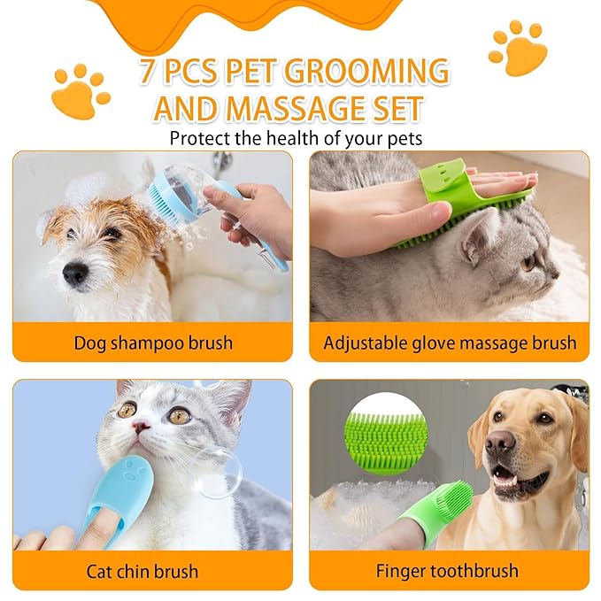 7 PCS Pet Bath Brush Set, Dog Bath Brush with Shampoo Dispenser, Cat Chin Cleaning Brush, Dog Toothbrush, Adjustable Glove Massage Brush Pet Scrubber for Bathing Long Short Haired Dogs Cats (Rose Red)