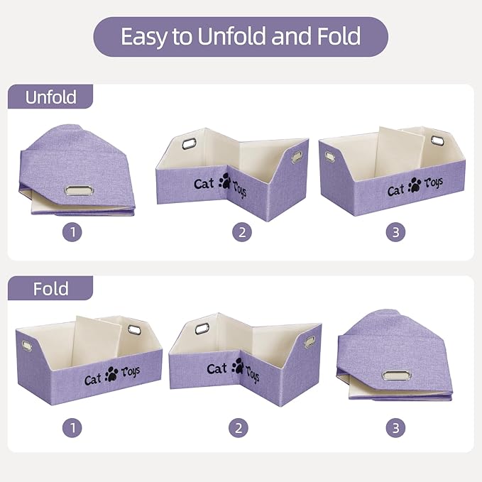 Cat Toy Basket, Kitten Toys Storage Organizer Foldable Fabric Bin Pet Supplies Chest Holder Trapezoid Container with Metal Handles for Organizing Cats Clothes Accessories, Purple