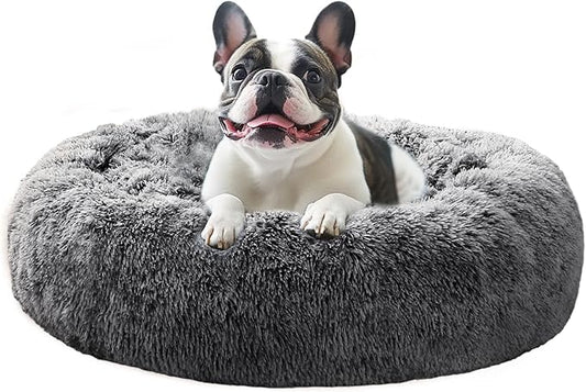 JOLLYVOGUE Small Dog & Cat Beds for Indoor Cats, Donut Cuddler Warming Soft Dog Beds with Anti-Slip Bottom, Round Calming Fluffy Plush Faux Fur Cushion Bed for Large Dogs (36", Smoke Black)