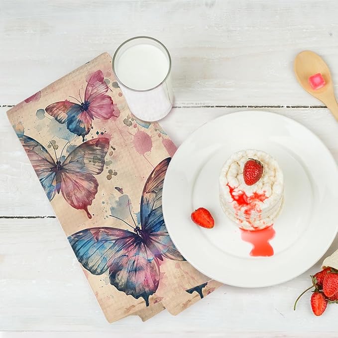 3 Pcs Vintage Butterfly Kitchen Towels, Rustic Decorative Absorbent Microfiber Dish Cloth Tea Towel, Artistic Waffle Soft Hand Towels for Farmhouse Home Bathroom, Butterfly Gifts