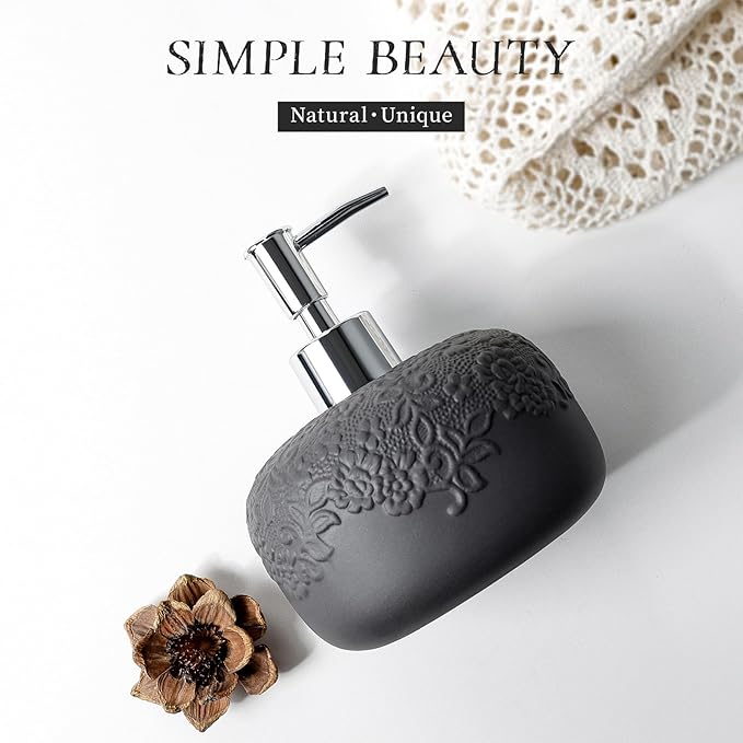 Soap Dispenser, Ceramic Countertop Lotion Dispenser 14oz with Embossed Design, Matte Black Bathroom Refillable Lotion Bottle for Shower Soaps Shampoo Kitchen Organization, ANTIS'S HOME