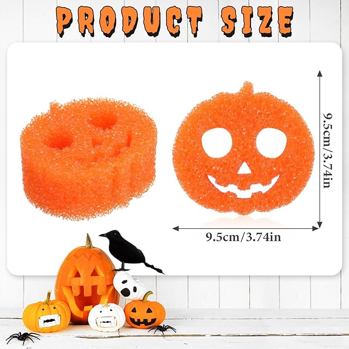 3 Pcs Dual Sided Scrub Sponge Multi Functional Cute Temperature Sensitive Non Scratch Dish Sponge for Washing Dishes Kitchen Bathroom(Halloween Pumpkin,Orange)