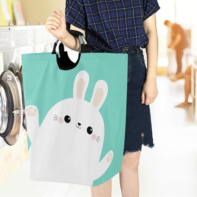 visesunny Easter White Rabbit Bunny Animal Large Laundry Hamper with Handle Foldable Durable Clothes Hamper Laundry Bag Toy Bin for Bathroom, Bedroom, Dorm, Travel