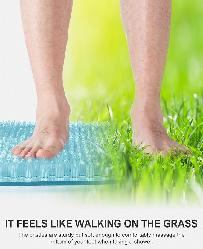 OTHWAY Non Slip Grassy Bathtub Mat : 25.6X13.4 inches Sturdy But Soft Bath Mat_Quick Drain Shower Floor Mat with Soft Bristles for Scrubbing Feet (Light Blue)