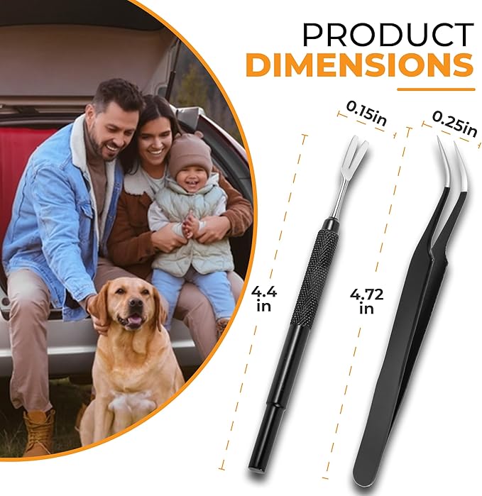 Premium Tick Removal Tool, Perfect Tick Remover for Dogs Cats &Humans, Safe Tick Control Puller, with Precision Fine Point Tip Curved Tweezers Set, Meet Various Needs, Stainless Steel- 2 Sets