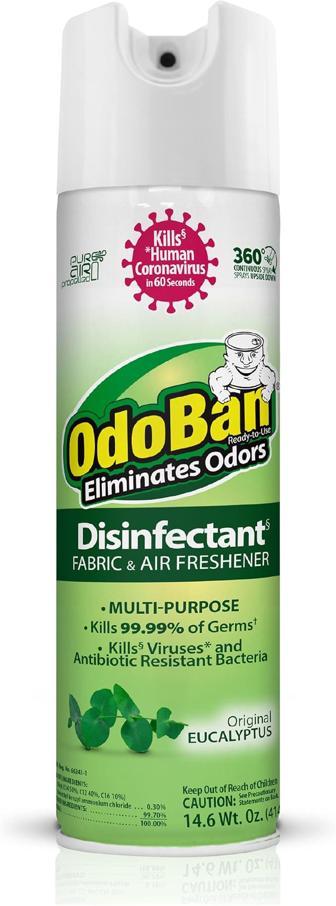 OdoBan Ready-to-Use 360-Degree Continuous Spray Disinfectant & Harsh Aroma Eliminator, Fabric and Air Freshener, Made in the USA, Original Eucalyptus Scent, 14.6 Ounces