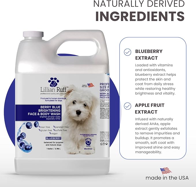 Lillian Ruff PRO Formula Berry Blue Brightening Pet Shampoo - Ultra-Hydrating Professional Whitening Dog Shampoo, Vivid Show-Quality Coat Enhancer, Tear Stain & Odor Eliminator - Vitamin B5 (Gallon)