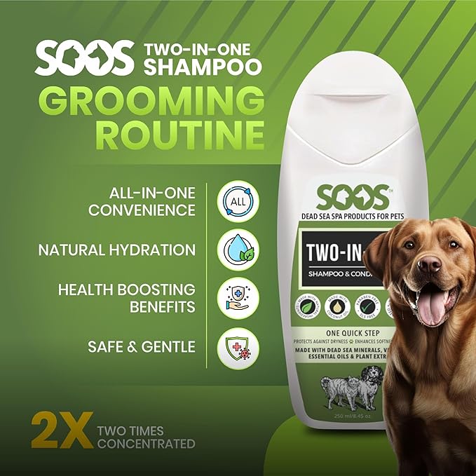 Soos Pets Two-in-One Shampoo Plus Conditioner for Dogs & Cats | 2-in-1 Natural Dead Sea Minerals | Cleansing & Moisturizing Formula | Gentle on Skin, Promotes Soft Shiny Coat - 250ml