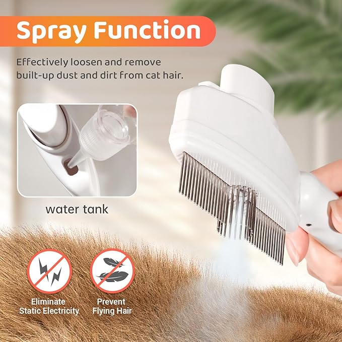 Cat Comb with Steam, Cat Steam Brush Pet Hair Removal Tool Flea Comb, Stainless Steel Metal Teeth for Shedding and Tangles, One Button Self-Cleaning Pet Comb for Dogs and Cats