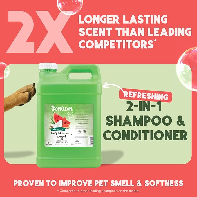 TropiClean 2-in-1 Dog Shampoo and Conditioner, Professional Dog Shampoo, Puppy Safe, Moisturizing Detangler, USA Made, Watermelon Scent, 2.5 Gallon