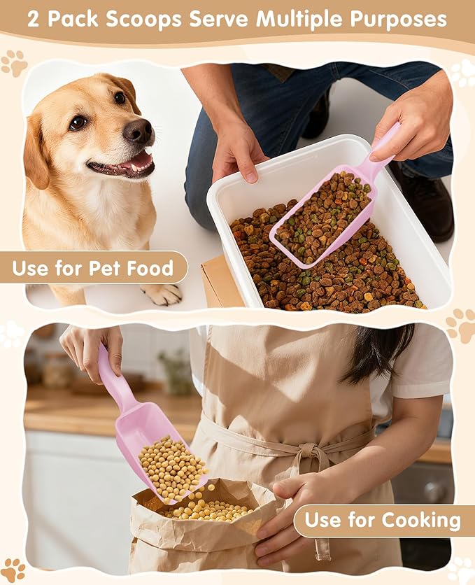 2-Pack Dog Food Scoop 1 Cup, Plastic Pet Food Measuring Scoop With Measuring Lines (1/2 & 1 Cup Markings) for Dogs, Cats, Fish, Bird（Pink)