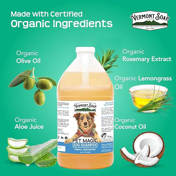 VERMONT SOAP Organics Pet Shampoo - Infused with Organic & Natural Olive Oil, Coconut & Aloe Vera Dog Shampoo for Sensitive Skin - USDA Certified Grooming, Unscented (64oz)