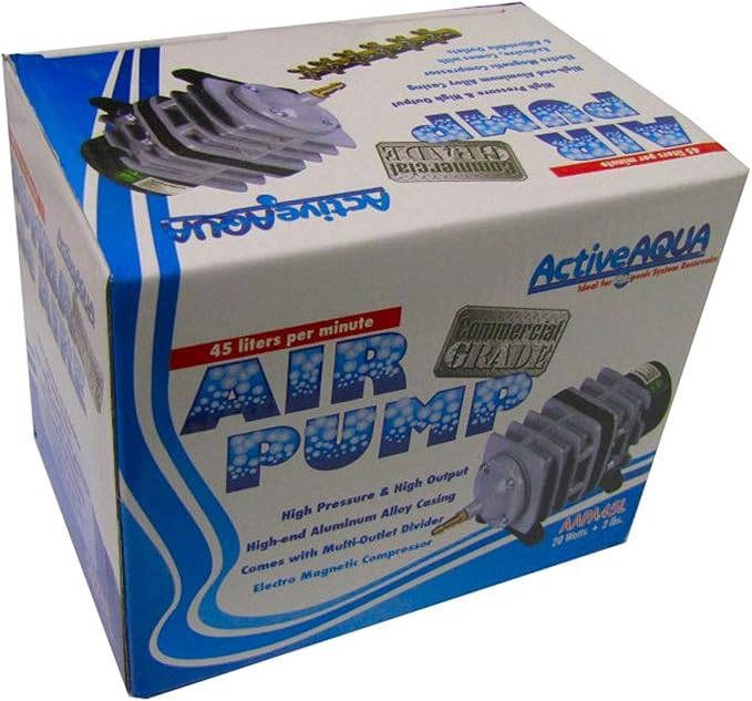 Hydrofarm AAPA45L Active Aqua Commercial, 6 Outlets, 20W, 45 L/min Air Pump, Silver