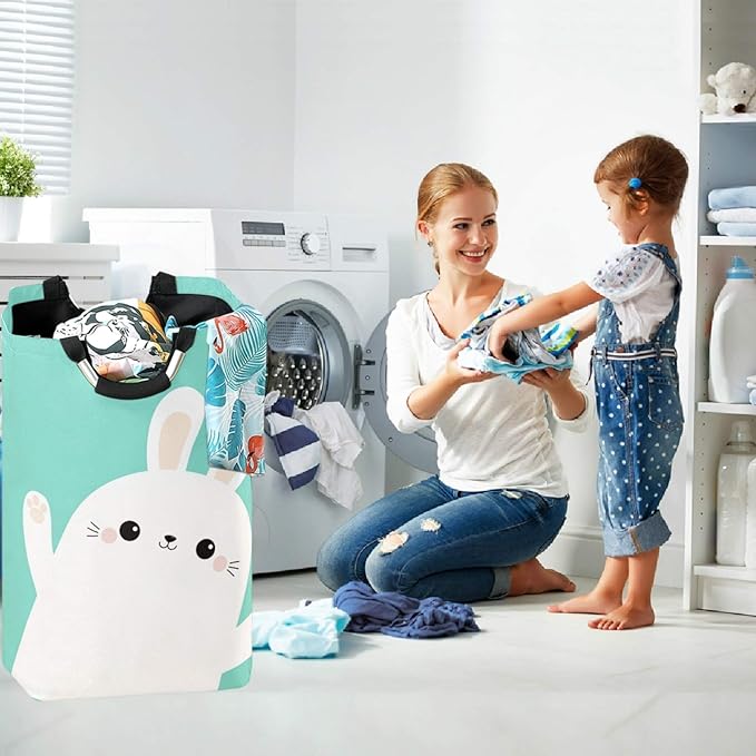 visesunny Easter White Rabbit Bunny Animal Large Laundry Hamper with Handle Foldable Durable Clothes Hamper Laundry Bag Toy Bin for Bathroom, Bedroom, Dorm, Travel