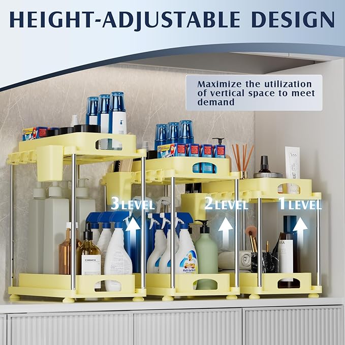 2 Pack Under Sink Organizers and Storage, Height Adjustable Bathroom Cabinet Organizer, 2 Tier Under Sink Organizer with Hooks, Under Cabinet Organizer for Kitchen Bathroom (Yellow