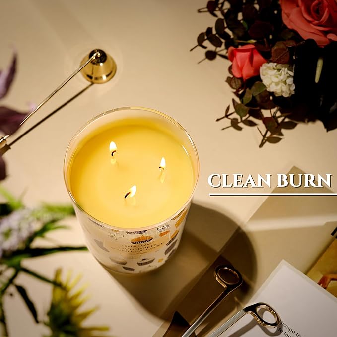 HomeLights Soy Wax Candles for Home Scented, 3-Wick Candles in Whipped Vanilla Cake Scented, Rustic Modern Aromatherapy Candles Gift for Parties, Relaxing, 34oz