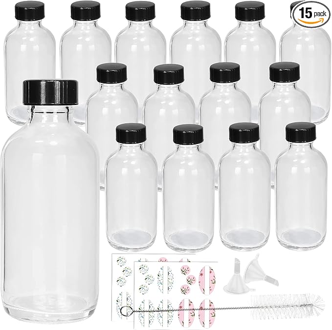 15 Pack Glass Clear Boston Bottles with Black Poly Cone Cap, 4 oz Round Glass Bottle for Essential Oil, Perfume and Liquid, Contains 24 Colored Labels, 2 Funnels, 1 Brush