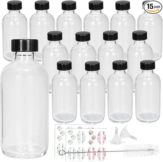15 Pack Glass Clear Boston Bottles with Black Poly Cone Cap, 4 oz Round Glass Bottle for Essential Oil, Perfume and Liquid, Contains 24 Colored Labels, 2 Funnels, 1 Brush