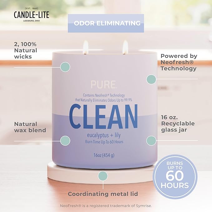 Candle-Lite Pure Eucalyptus & Lily Odor Eliminating Scented Candles, Neofresh Technology Eliminates 99.9% of Odors, 16 oz 2-Wick Jar, Proudly Poured in The USA, Up to 60 Hours Burn Time